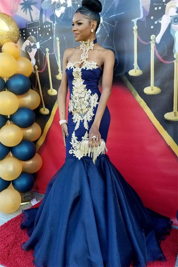 Chic Navy Blue Mermaid Prom Dresses High Neck Appliques Evening Dresses-Ballbella