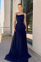 Chic Navy Blue Spaghetti-Strap Prom Dresses Sleeveless Floor Length Pleats With Pearls-Ballbella