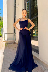 Chic Navy Blue Spaghetti-Strap Prom Dresses Sleeveless Floor Length Pleats With Pearls-Ballbella