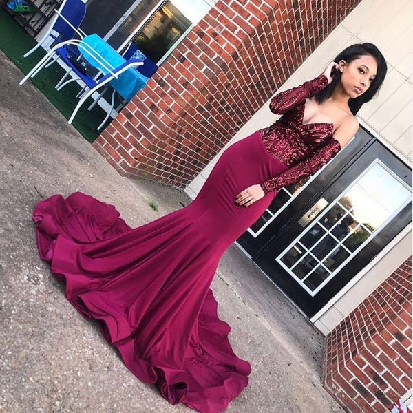 Ballbella offers all kinds of Chic burgundy appliques long prom dresses,  sort by color,  neckline or fabric,  discover more prom gown you love today. Try Chic Off-the-Shoulder Appliques Prom Party Gowns| Chic V-neck Long Sleevess Prom Gown