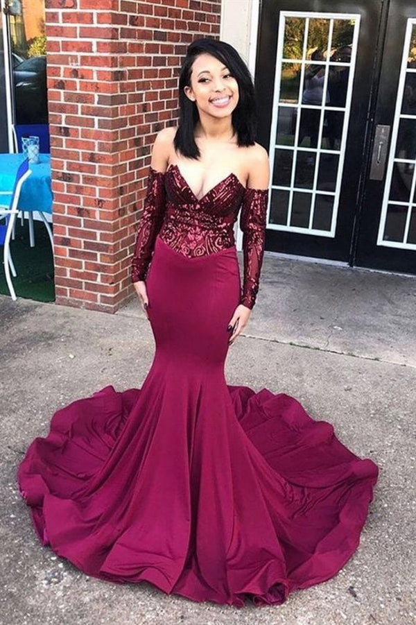 Ballbella offers all kinds of Chic burgundy appliques long prom dresses,  sort by color,  neckline or fabric,  discover more prom gown you love today. Try Chic Off-the-Shoulder Appliques Prom Party Gowns| Chic V-neck Long Sleevess Prom Gown
