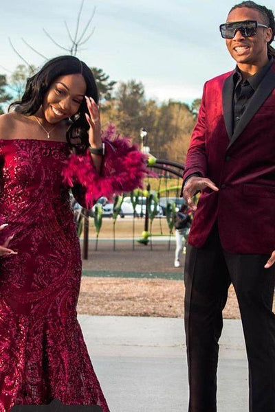 Chic Off-the-shoulder Burgundy Shining Sequined Long Prom Party Gowns with Fur Chic Off-the-shoulder Burgundy Shining Sequined Long Prom Party Gowns with Fur