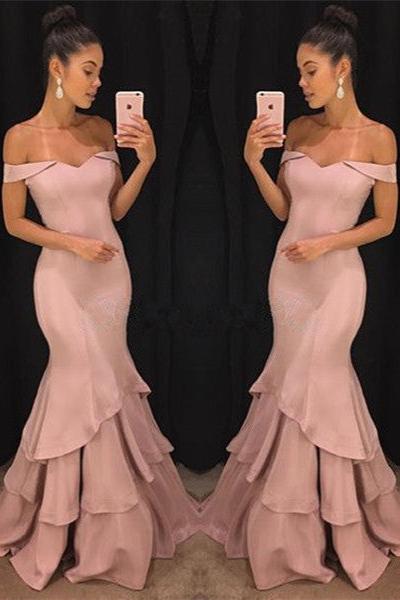 Chic Off-the-Shoulder Mermaid Prom Dresses Tiered Pink Ruffles Evening Gowns On Sale-Ballbella