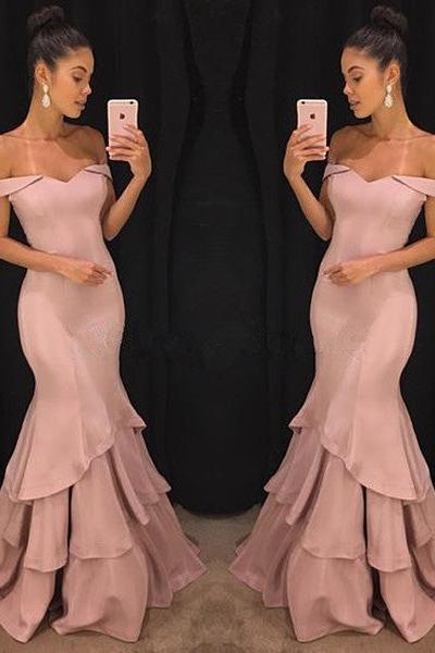 Chic Off-the-Shoulder Mermaid Prom Dresses Tiered Pink Ruffles Evening Gowns On Sale-Ballbella