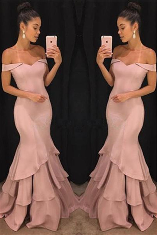 Chic Off-the-Shoulder Mermaid Prom Dresses Tiered Pink Ruffles Evening Gowns On Sale-Ballbella