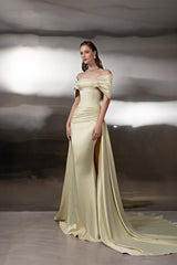 Chic Off-The-Shoulder Mermaid Satin Prom Dresses Sheath Long With Zipper Ruffle-Ballbella