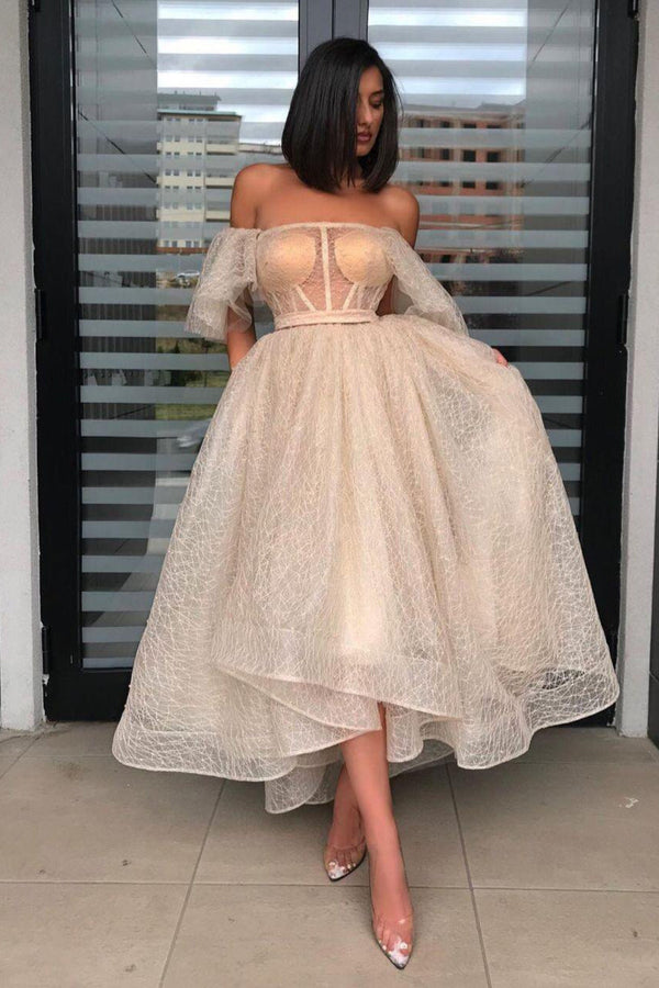 Chic Off-the-Shoulder Sequins Lace Short Prom Dress-Ballbella