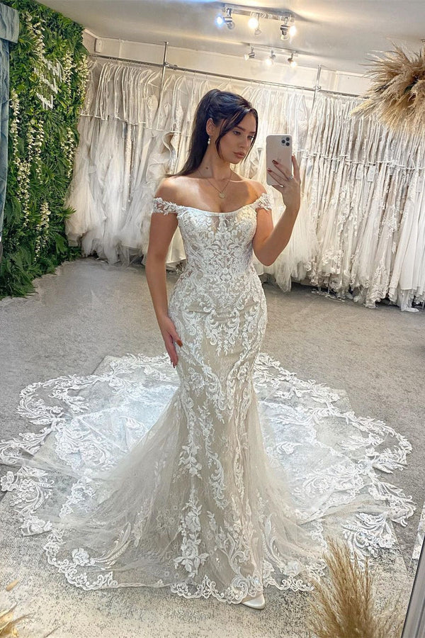 Chic Off-the-Shoulder Sleeveless Mermaid Lace Wedding Dress with Cathedral Train-Ballbella