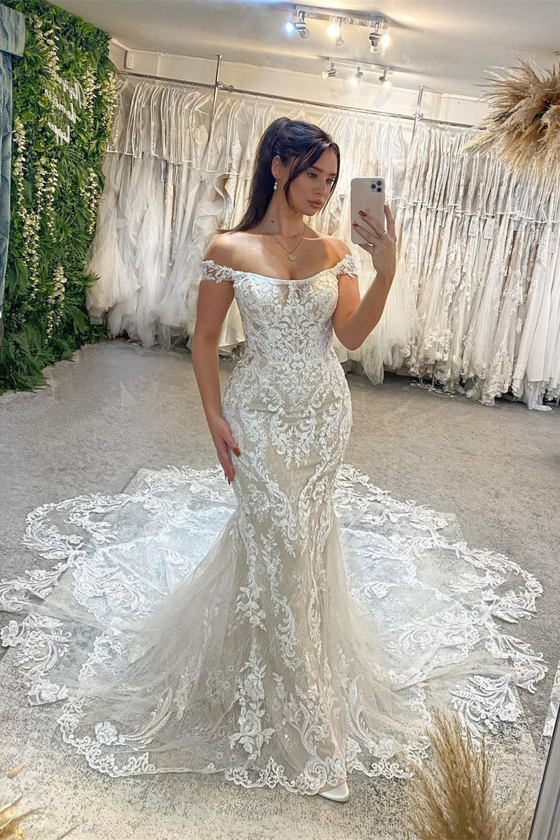 Chic Off-the-Shoulder Sleeveless Mermaid Lace Wedding Dress with Cathedral Train-Ballbella