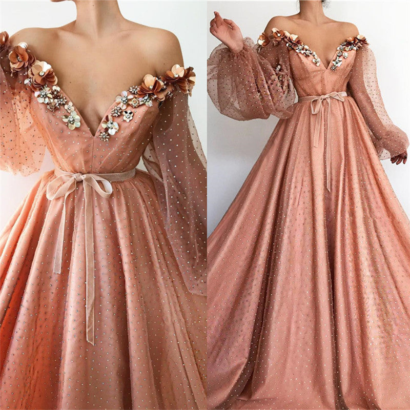 Looking for a Charming sequins beading prom dress? Ballbella custom made you multiple affordable Chic Off-the-Shoulder V-neck Long  Tulle Beading Long Sleevess Prom Party Gowns with 30 colors.