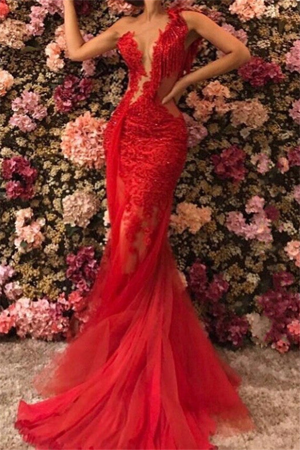 This beautiful Chic One Shoulder Appliques Tulle Beading Mermaid Floor-Length Prom Dresses will make your guests say wow. The One Shoulder bodice is thoughtfully lined,  and the Floor-length skirt with Beading, Appliques to provide the airy,  flatter look of Tulle.