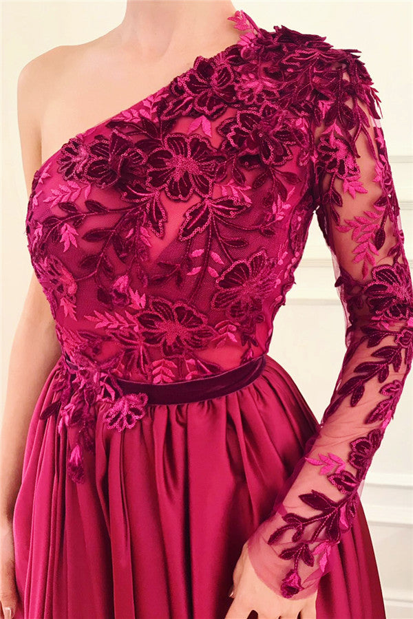 Easily attract others's attention with Ballbella Chic one shoulder one sleeves burgundy long prom dresses,  all in latest Chic One Shoulder Front Slit Burgundy Prom Party Gowns| Affordable One Sleeve Appliques Long Prom Party Gowns design with delicate details.