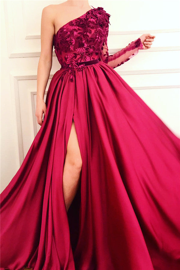 Easily attract others's attention with Ballbella Chic one shoulder one sleeves burgundy long prom dresses,  all in latest Chic One Shoulder Front Slit Burgundy Prom Party Gowns| Affordable One Sleeve Appliques Long Prom Party Gowns design with delicate details.