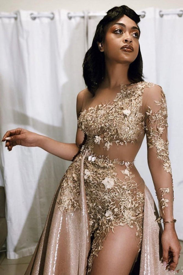 Chic One Shoulder Lace Appliques Prom Dresses With Over Skirt Round Neck Evening Gowns Chic One Shoulder Lace Appliques Prom Dresses With Over Skirt Round Neck Evening Gowns