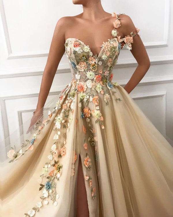 Looking for a chic one shoulder flowers prom dress? Ballbella custom made you multiple affordable One Shoulder Strap Tulle Sweetheart Front Slit Appliques Flowers Prom Party Gowns with 30 colors.