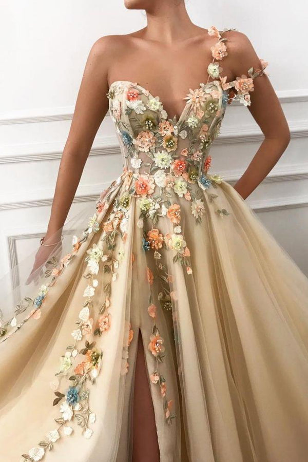 Chic One Shoulder Strap Tulle Sweetheart Front Slit Appliques Flowers Ballbella Chic One Shoulder Strap Tulle Sweetheart Front Slit Appliques Flowers Ballbella