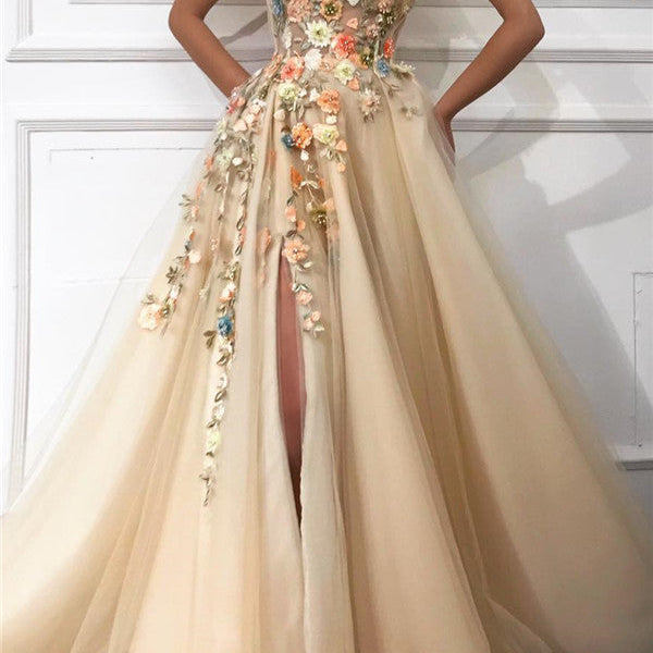 Chic One Shoulder Strap Tulle Sweetheart Front Slit Appliques