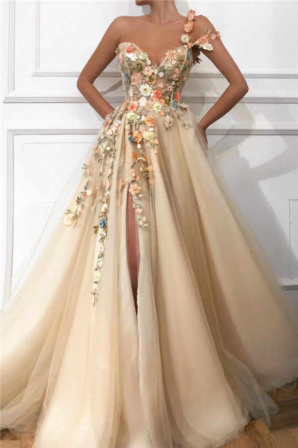 Looking for a chic one shoulder flowers prom dress? Ballbella custom made you multiple affordable One Shoulder Strap Tulle Sweetheart Front Slit Appliques Flowers Prom Party Gowns with 30 colors.