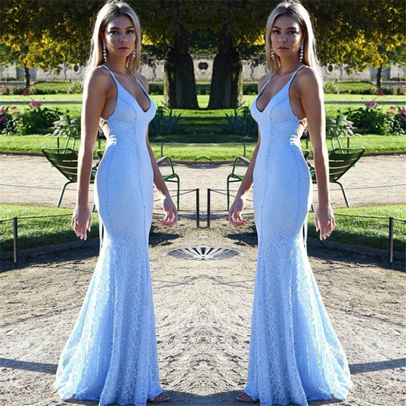 Ballbella offers Chic Open Back Lace Evening Dress Mermaid Spaghetti Straps Baby Blue Fomral Evening Dress at a cheap price from Satin, Lace to Mermaid Floor-length hem. Try on Gorgeous yet affordable Sleeveless Evening Dresses.