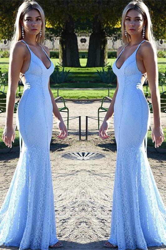 Chic Open Back Lace Evening Dress Mermaid Spaghetti Straps Baby Blue Fomral Evening Dress-Ballbella