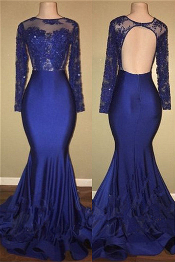 Wanna Prom Dresses, Evening Dresses, Real Model Series in Royal blue,  Mermaid style,  and delicate Lace work? Ballbella has all covered on this elegant Chic Open Back Royal Blue Real Model Prom Dresses Lace Long Sleeves Mermaid Evening Gown yet cheap price.
