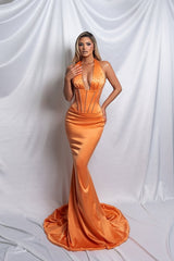 Chic Orange Halter Mermaid Satin Sleeveless Prom Dresses V-Neck Floor Length With Beads-Ballbella