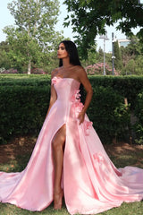 Chic Pink Satin Strapless Sleeveless Prom Dress High Slit A-Line With Flower-Ballbella