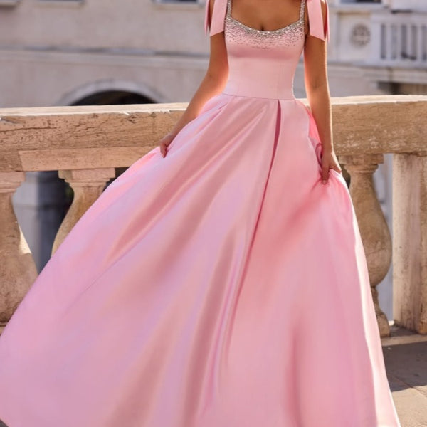 Chic Pink Spaghetti-Strap Sleeveless Satin Prom Dress A-Line Beads With Zipper Bow Knot