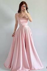 Chic Pink Square Straps Sleeveless Prom Dresses Satin Lace-UP Back With Pleats-Ballbella