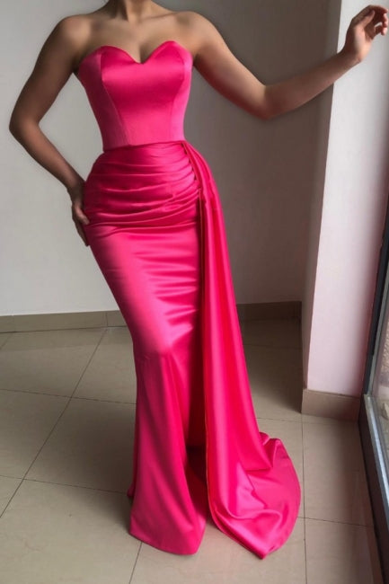 Chic Pink Strapless Sleeveless Mermaid Elastic Woven Satin Evening Dresses With Ruffles-Ballbella