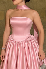 Chic Pink Strapless Sleeveless Stain Prom Dress A-Line Long With Pleats-Ballbella