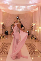 Chic Pink V-Neck Strapless Chiffon Sleeveless Prom Dresses Long With Pleats-Ballbella