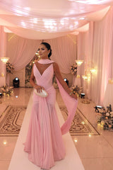 Chic Pink V-Neck Strapless Chiffon Sleeveless Prom Dresses Long With Pleats-Ballbella