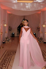 Chic Pink V-Neck Strapless Chiffon Sleeveless Prom Dresses Long With Pleats-Ballbella