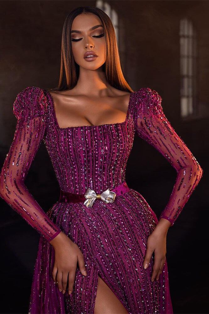 Chic Purple Square Prom Dress Mermaid Long Sleeves Beadings With Split-Ballbella