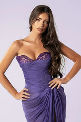 Chic Purple Sweetheart Strapless Sleeveless Chiffon Prom Dresses High Split With Beads-Ballbella