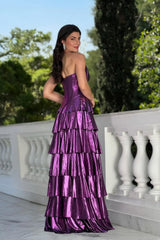 Chic Purple Sweetheart Strapless Sleeveless Prom Dress High Split Long With Zipper Pleats-Ballbella