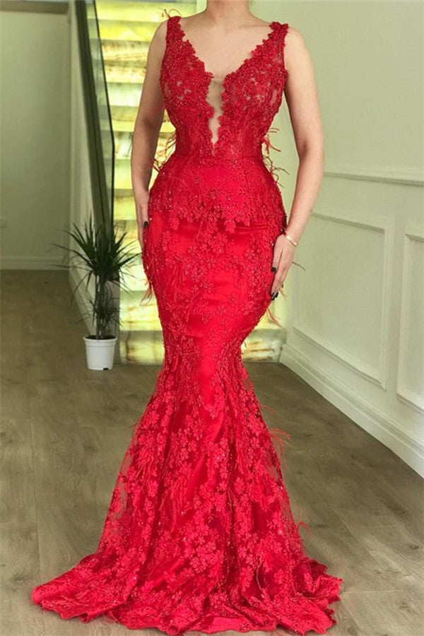Still not know where to get your event dresses online? Ballbella offer you Chic Red Mermaid Sleeveless Lace Appliques Evenging Dresses at factory wholesale price,  fast delivery worldwide.