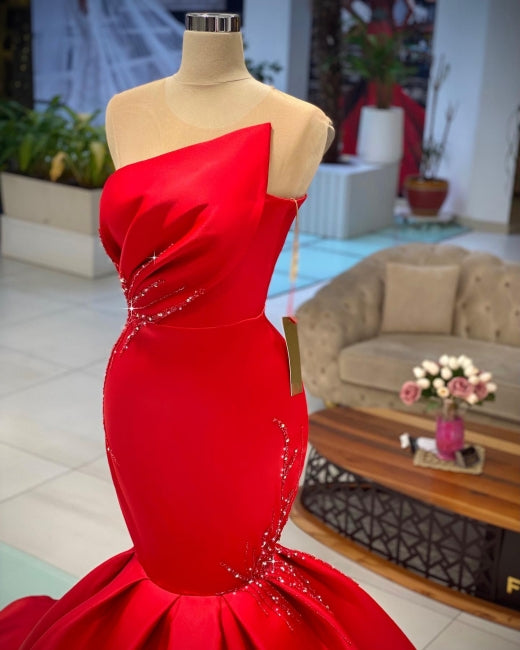 Chic Red Sleeveless Mermaid Prom dresses Long Evening Party Gowns-Ballbella