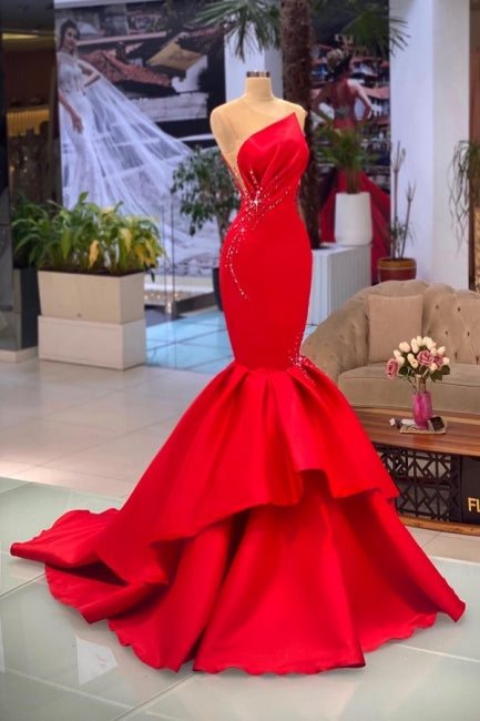 Chic Red Sleeveless Mermaid Prom dresses Long Evening Party Gowns-Ballbella