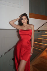 Chic Red Strapless Sleeveless Satin Mini Prom Dress Detachable With Zipper Flower-Ballbella