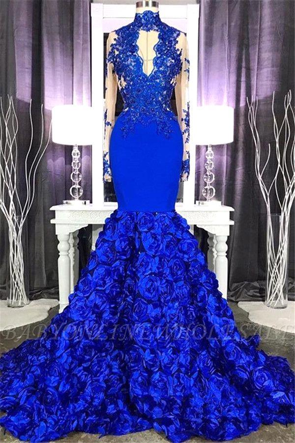Ballbella offers Chic Royal Blue Keyhole Flowers Train High neck Mermaid Prom Party Gowns on Sale at an affordable price from Lace to Mermaid Floor-length skirts. Shop for gorgeous Long Sleevess Prom Dresses, Evening Dresses collections for your big day.