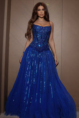 Chic Royal Blue Spaghetti-Straps Sleeveless A-Line Prom Dresses Gem Beads With Zipper-Ballbella