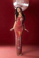 Chic Rust Red Asymmetrical Sleeveless Mermaid Prom Dresses Sheath Long With Pleats-Ballbella