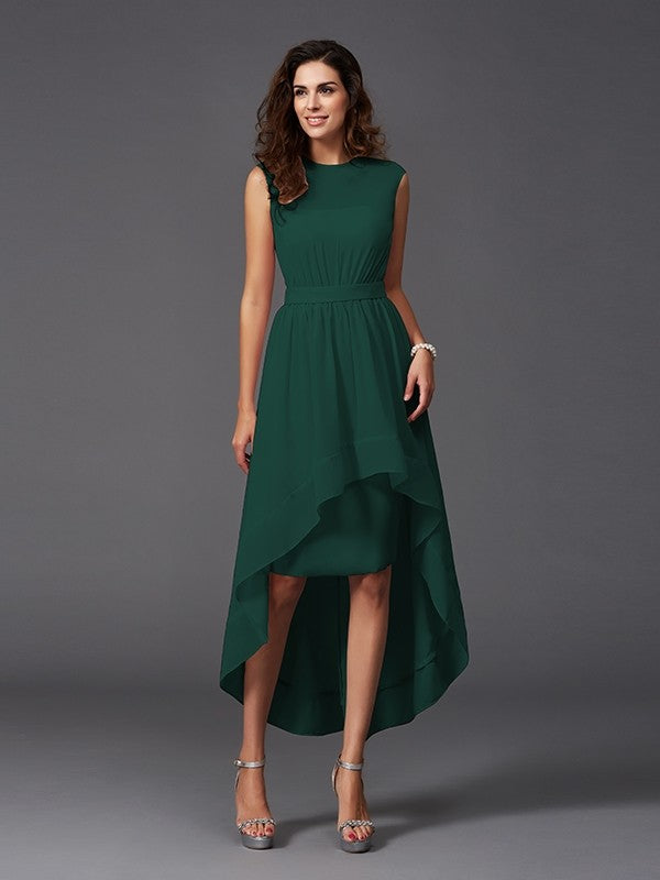 high low bridesmaid dresses A-line Ruched V-neck Short Sleeves High Low Chiffon Dusty Blue Bridesmaid Dresses