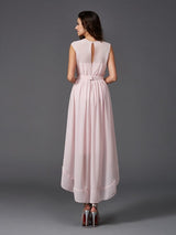 A-Line Charming Scoop Sash/Ribbon/Belt Sleeveless High Low Chiffon Bridesmaid Dresses