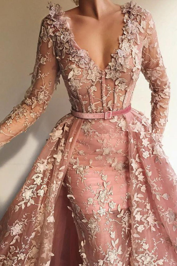 Chic See-Through Tulle Pink Long Sleevess Mermaid Prom Party Gowns-Ballbella