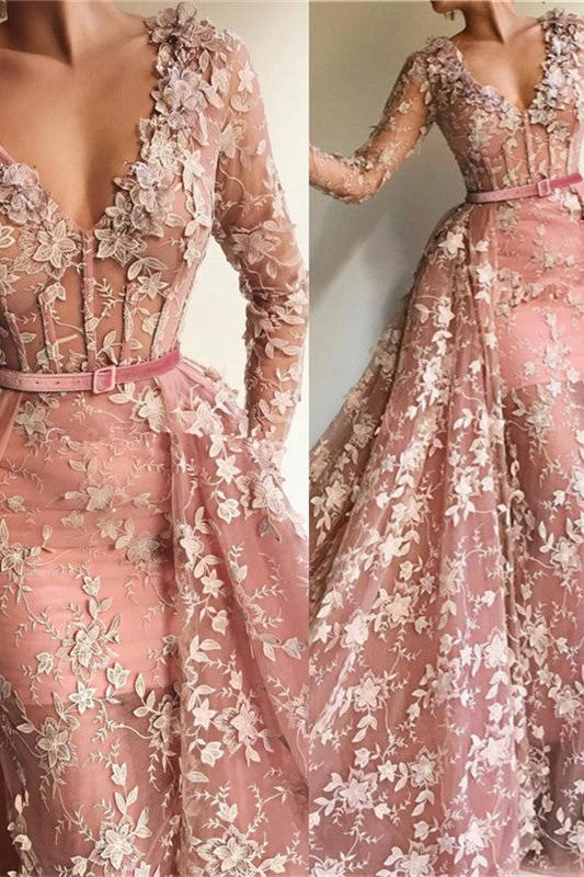 Chic See-Through Tulle Pink Long Sleevess Mermaid Prom Party Gowns-Ballbella