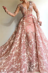 Chic See-Through Tulle Pink Long Sleevess Mermaid Prom Party Gowns-Ballbella