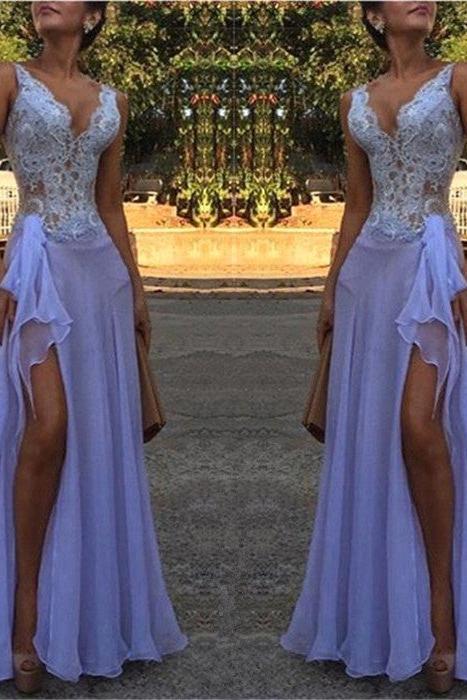Chic See Through V-Neck Evening Dresses A-Line Sleeveless Lace Ball Dress-Ballbella